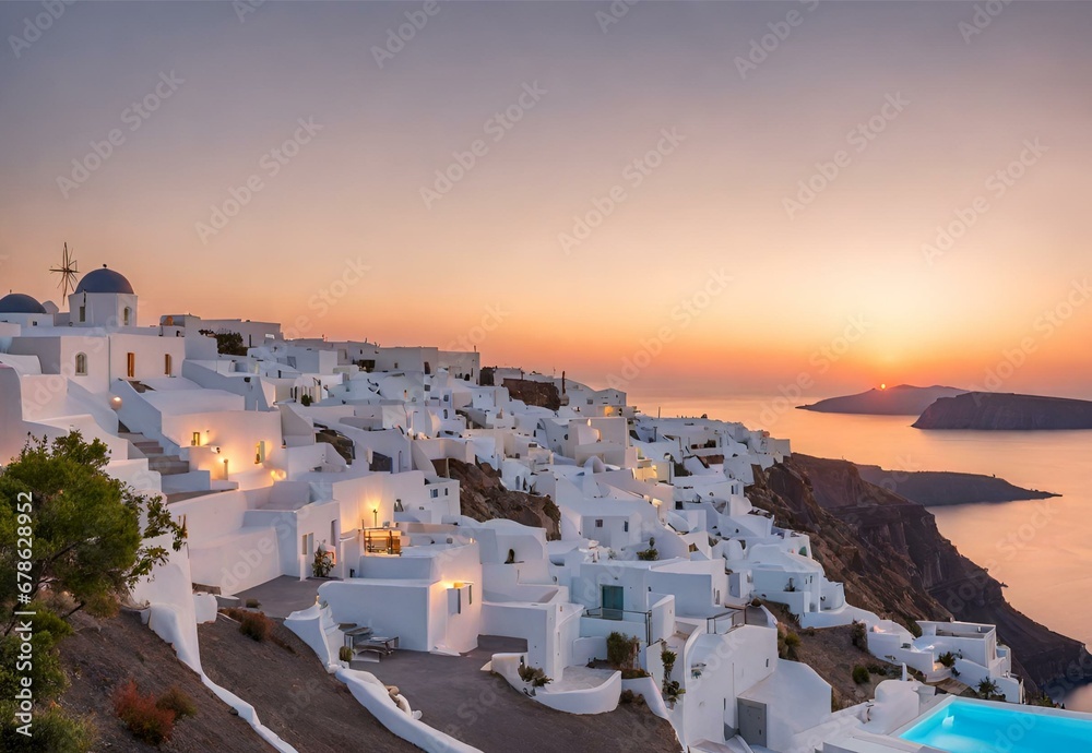 Fototapeta premium 1 - Azure Abode: Greece's Santorini Cliffside Sunset Bliss. (3)