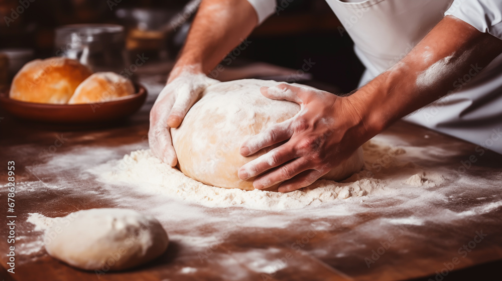 Artisan baker shaping dough with hands in a bakery kitchen. Shallow field of view.
