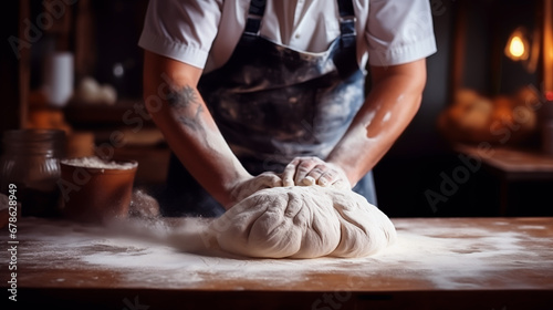 Artisan baker shaping dough with hands in a bakery kitchen. Shallow field of view. 