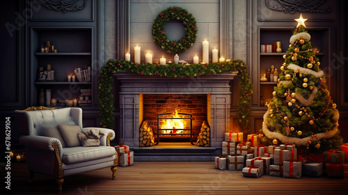 Christmas time at home with decorated tree and burning fireplace. Postproducted generative AI illustration.