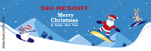 Santa Claus, Snowman and Reindeer snowboarding on ski resort. Banner vector illustration