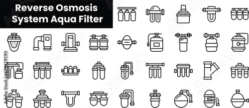 Set of outline reverse osmosis system aqua filter icons