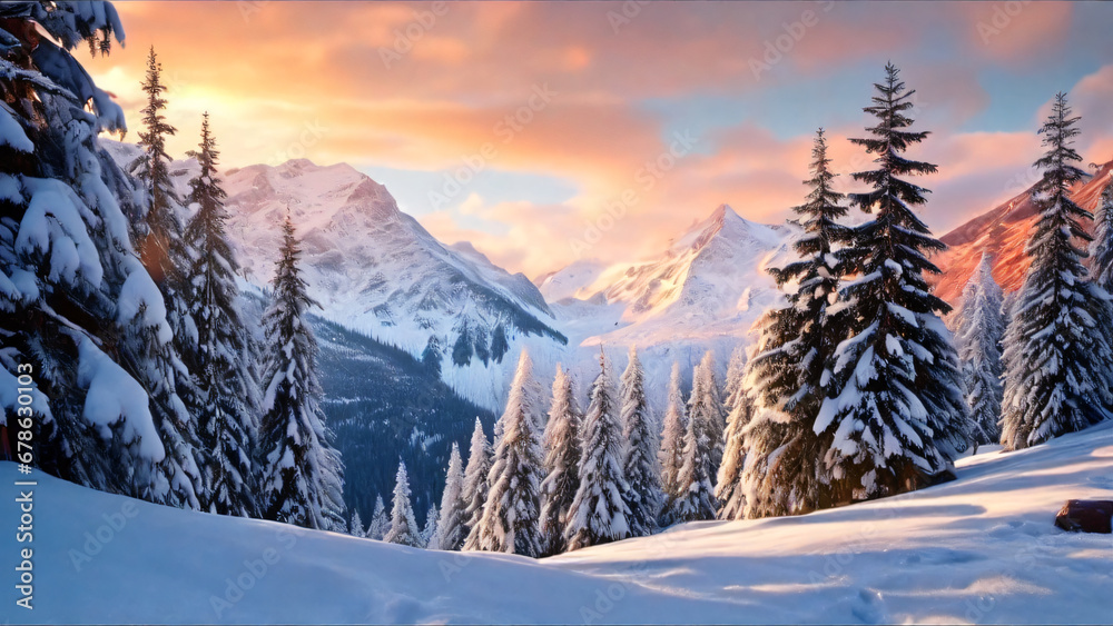 Beautiful landscape with sunset in the snowy mountains. (Winter setting). Wallpaper illustration
