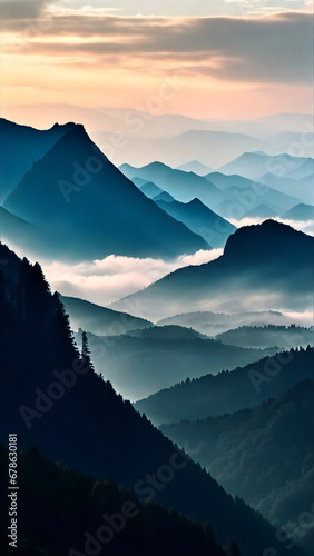 beautiful poster like picture of mountains in the morning. The mountain layers fading into the background and the morning haze forms a light layer of clouds in front of the mountains.