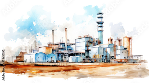 Watercolor drawing paint of industry zone, refinery power plant energy station for stored, png