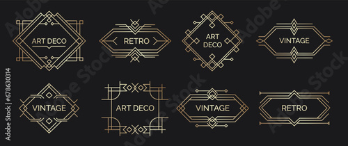 Art deco labels. Retro geometric shapes with elegant arabic lettering, vintage minimal emblem for luxury premium stamp. Vector isolated set