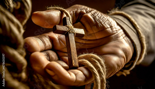 Extreme closeup of a wrinkled hand of an old man holding a small wooden religious cross with ropes, religious symbol of Christianity or prayer.