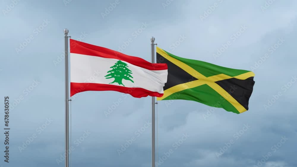 Jamaica and Lebanon flag waving together on cloudy sky, endless seamless loop, two country cooperation concept Jamaica and Lebanon flag waving together on cloudy sky, endless seamless loop, two country cooperation concept