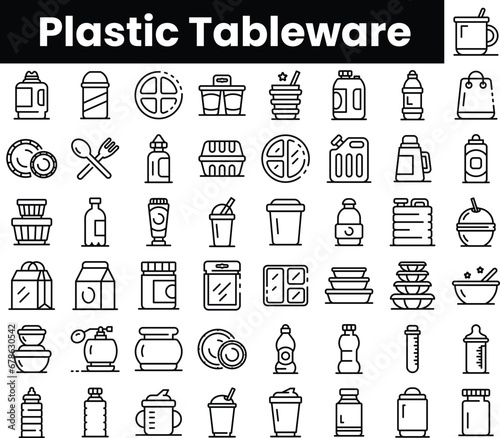 Set of outline plastic tableware icons photo