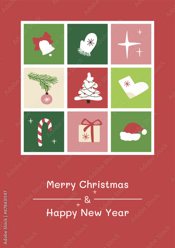 Christmas and New Year greeting card with xmas decoration, geometric tiles with gretings text for winter holidays Christmas and New Year greeting card with xmas decoration, geometric tiles with gretings text for winter holidays