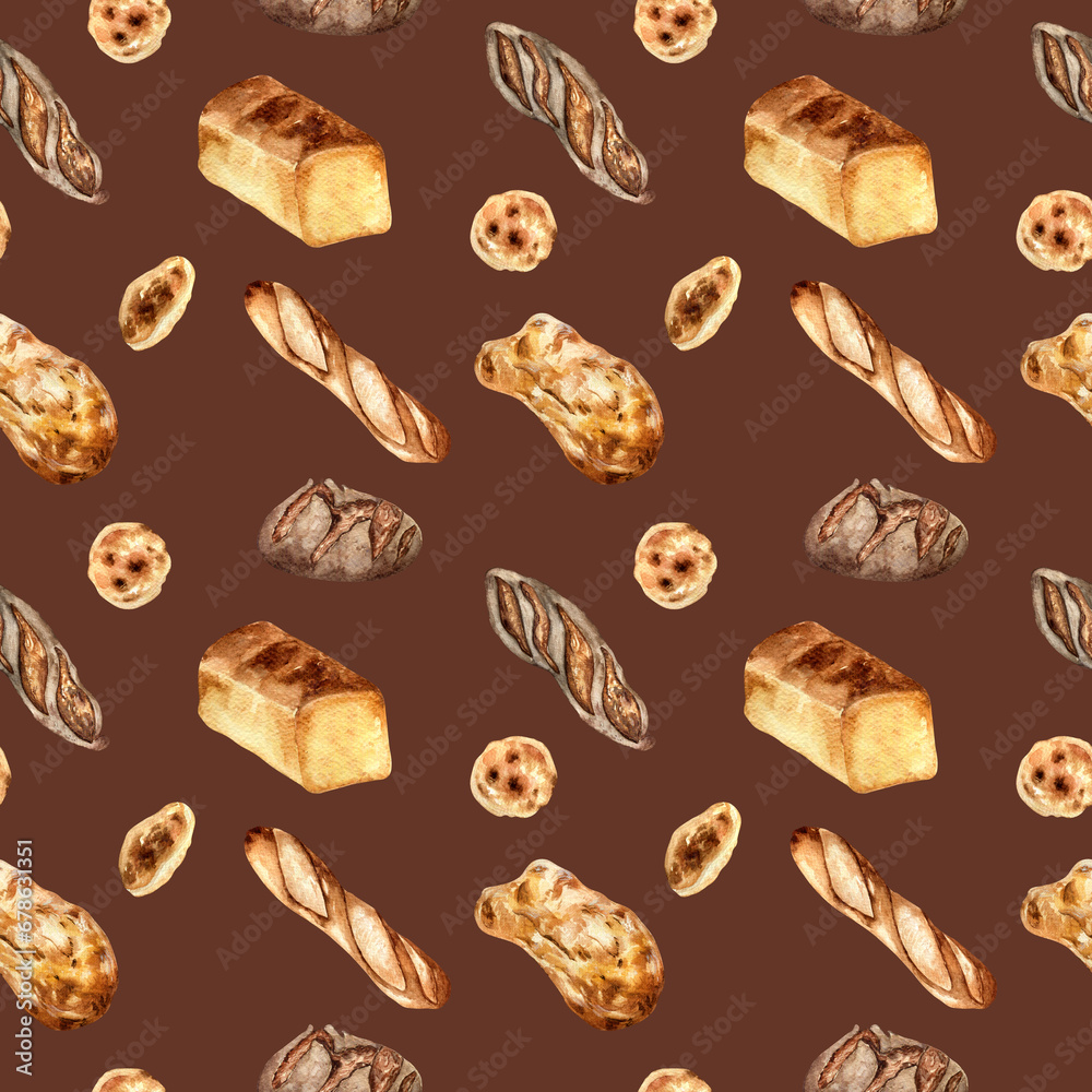 Variety bread watercolor seamless pattern isolated on dark. Hand drawn rye bread, loaf for bakery. Painted pitta, ciabatta. Illustration of baguette. Element for design bakeshop, package, trade Variety bread watercolor seamless pattern isolated on dark. Hand drawn rye bread, loaf for bakery. Painted pitta, ciabatta. Illustration of baguette. Element for design bakeshop, package, trade