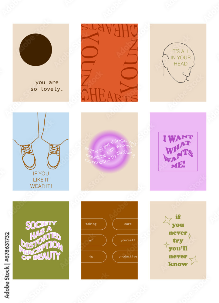 Set of positive social media quotes, motivation posters on trendy abstract background in neutral colors.