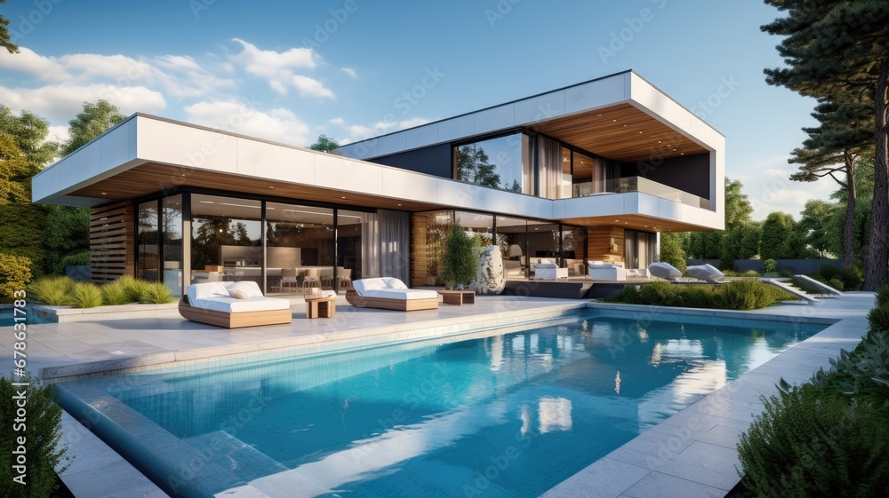 Modern design architecture house villa, mansion with swimming pool - obrazy, fototapety, plakaty 
