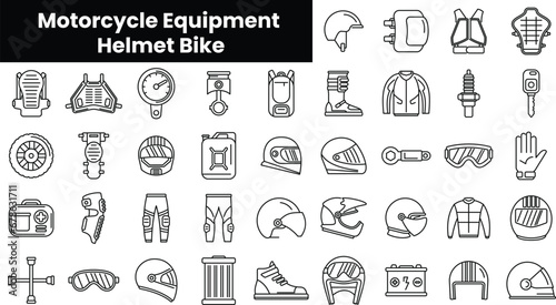 Set of outline motorcycle equipment helmet bike icons