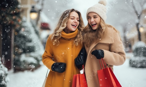 Two Stylish Ladies Enjoying Winter Shopping With Trendy Bags photo