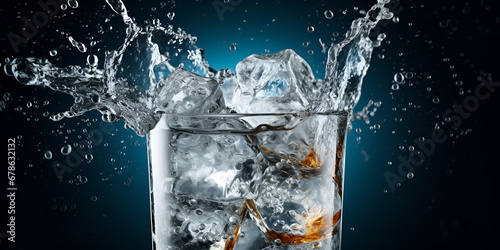 Whiskey With Ice, Glass Of Ice Water, Drink Water Sign, Softdrink, Ice Cubes In Flow Splashing Cold And Refreshment, A glass of water is being poured into a glass. generative Ai 