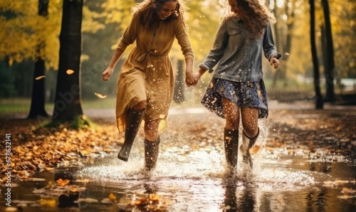 Two Friends Enjoying a Rainy Stroll With Togetherness and Joy © uhdenis