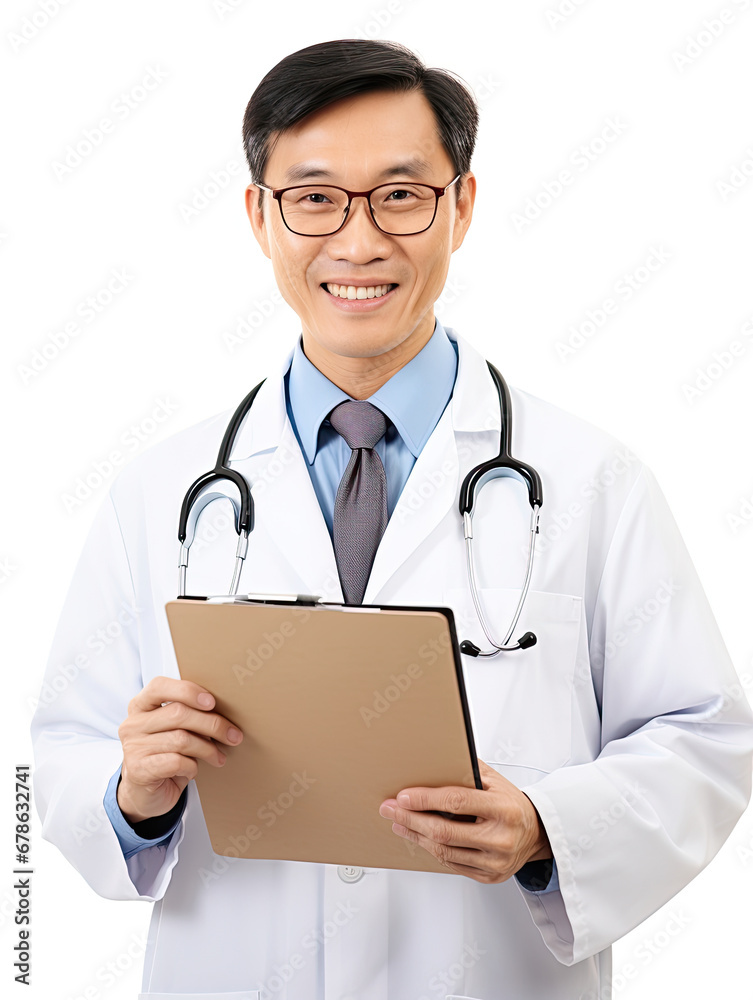 Smiling Asian male doctor with brown hair holding clipboard wearing doctor clothes isolated on white background Smiling Asian male doctor with brown hair holding clipboard wearing doctor clothes isolated on white background