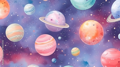 Seamless space pattern with colorful planets and stars. Hand drawn doodle illustration. texture marble. Generative Ai.