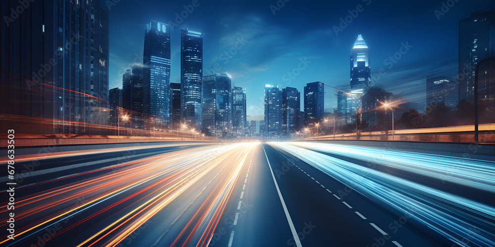 City silhouette and glowing headlamp trails on road. City Speed Futuristic, City Speed Futuristic, Busy City, Highway Background, generative Ai 