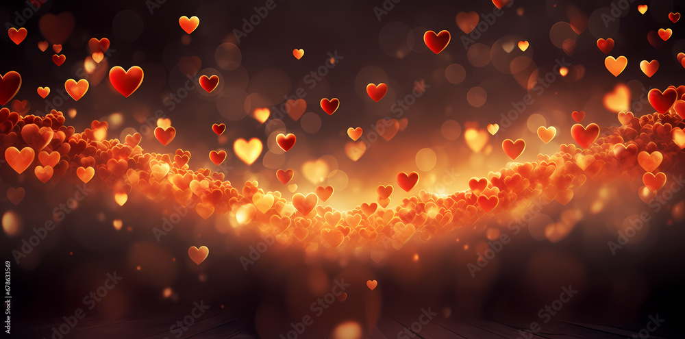 red colored heart heart floating in a background, in the style of romantic, dark beige and orange, rtx on, light red and dark orange, vibrant stage backdrops, scattered composition, romantic scenery