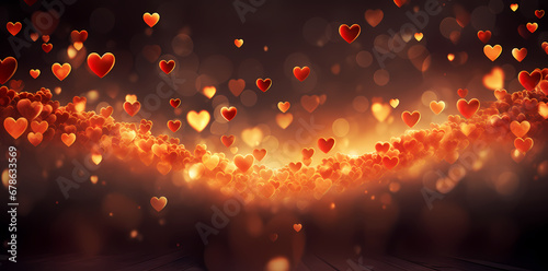 red colored heart heart floating in a background, in the style of romantic, dark beige and orange, rtx on, light red and dark orange, vibrant stage backdrops, scattered composition, romantic scenery