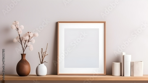 Modern interior design of living room with wooden empty mockup frame and flowers in white vase. Design home minimal decor.