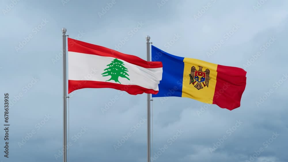Moldova and Lebanon flag waving together on cloudy sky, endless seamless loop, two country cooperation concept Moldova and Lebanon flag waving together on cloudy sky, endless seamless loop, two country cooperation concept