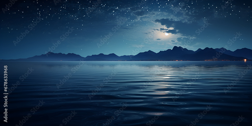 Ocean Night, Dark Blue Ocean , Lake At Night, Water Night, The moon is shining over the ocean. Sea Dark, Night starry sky moonlight shining on the sea water lonely thoughts, generative A
