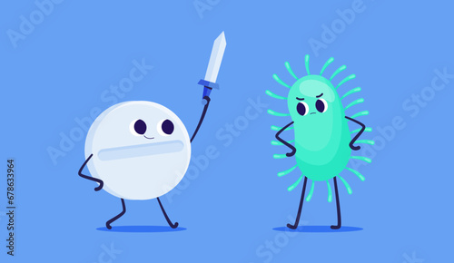 Cartoon pills fight virus. Antibiotic medication capsule, cute colorful vitamin germs disease treatment, pharmacy mascot characters. Vector set