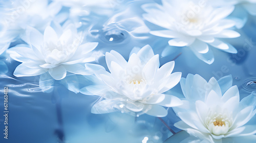 White lotus flowers on the turquoise water surface. Background for spa and cosmetic.