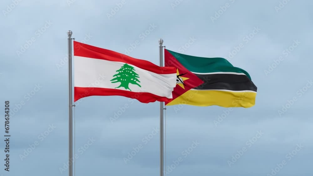 Namibia and Lebanon flag waving together on cloudy sky, endless seamless loop, two country cooperation concept Namibia and Lebanon flag waving together on cloudy sky, endless seamless loop, two country cooperation concept