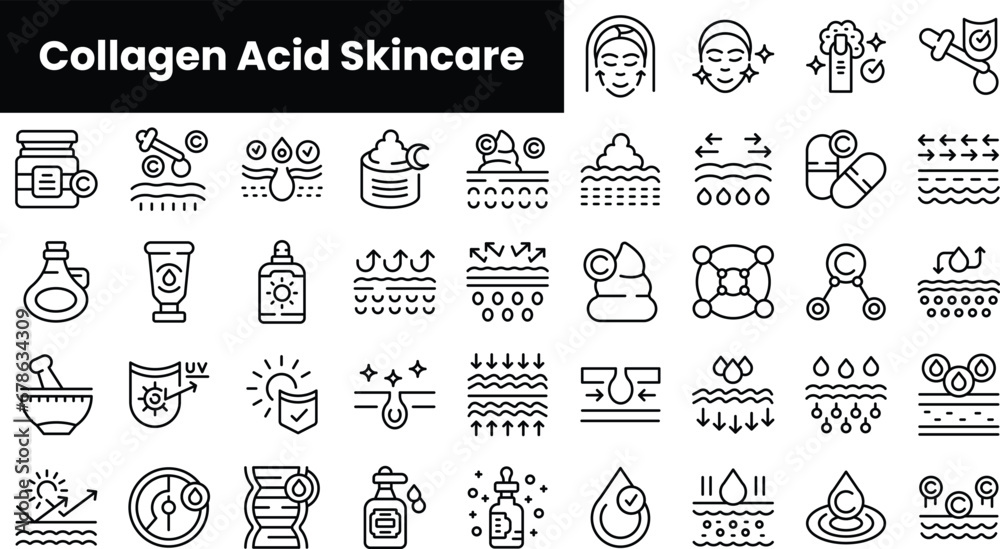 Set of outline collagen acid skincare icons