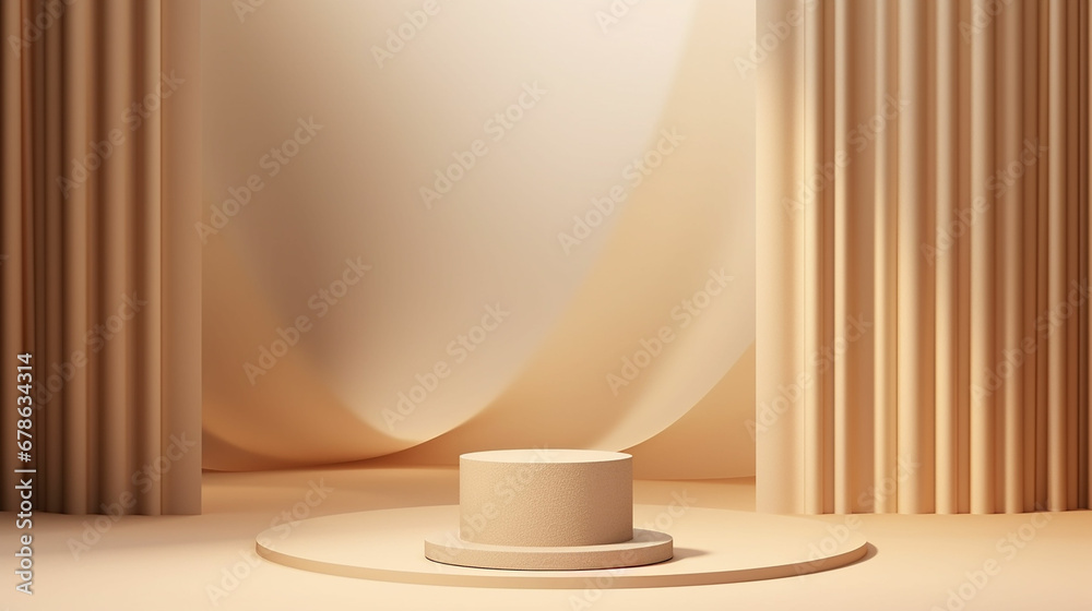 Abstract realistic Beige and Cream 3D cylinder pedestal podium with vertical curtain backdrop. Luxury brown minimal scene for cosmetic product display presentation. Made with generative ai