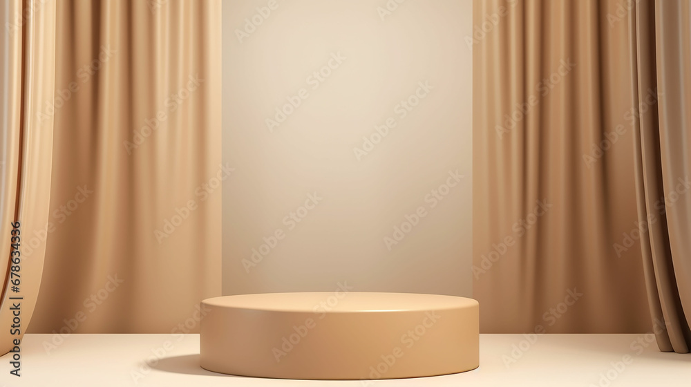 Abstract realistic Beige and Cream 3D cylinder pedestal podium with vertical curtain backdrop. Luxury brown minimal scene for cosmetic product display presentation. Made with generative ai Abstract realistic Beige and Cream 3D cylinder pedestal podium with vertical curtain backdrop. Luxury brown minimal scene for cosmetic product display presentation. Made with generative ai