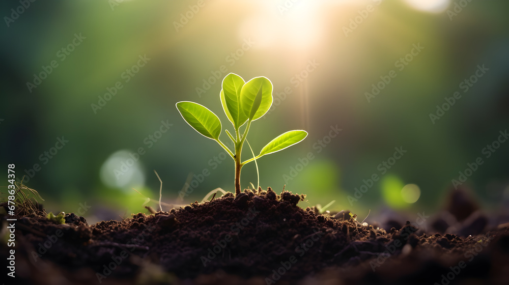 Morning sun shines to the seedling are growing from the rich soil. Development, Green business, finance and saving money for sustainability investment. - obrazy, fototapety, plakaty 