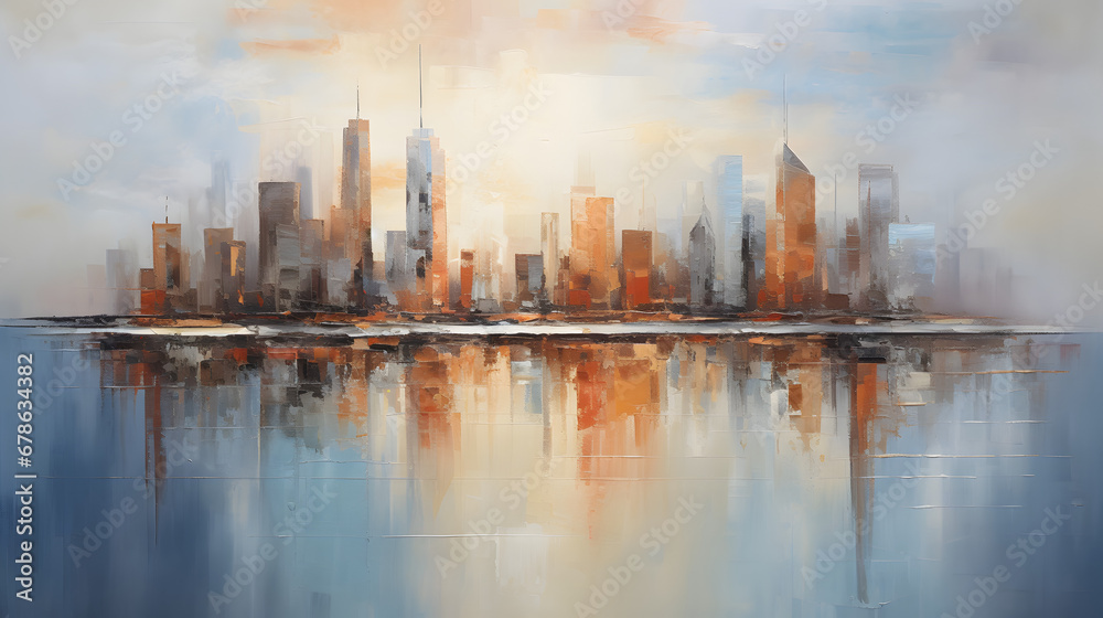 Skyline city view with reflections on water. Original oil painting on canvas texture. Generative Ai.
