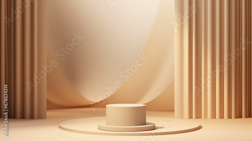 Abstract realistic Beige and Cream 3D cylinder pedestal podium with vertical curtain backdrop. Luxury brown minimal scene for cosmetic product display presentation. Made with generative ai