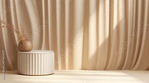 Abstract realistic Beige and Cream 3D cylinder pedestal podium with vertical curtain backdrop. Luxury brown minimal scene for cosmetic product display presentation. Made with generative ai