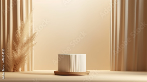 Abstract realistic Beige and Cream 3D cylinder pedestal podium with vertical curtain backdrop. Luxury brown minimal scene for cosmetic product display presentation. Made with generative ai