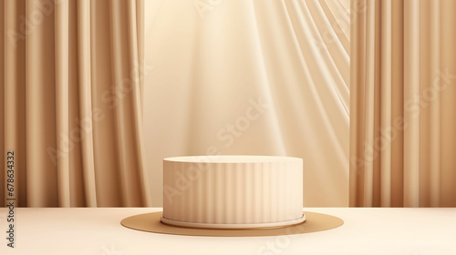 Abstract realistic Beige and Cream 3D cylinder pedestal podium with vertical curtain backdrop. Luxury brown minimal scene for cosmetic product display presentation. Made with generative ai