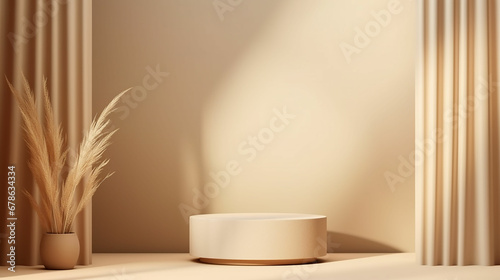 Abstract realistic Beige and Cream 3D cylinder pedestal podium with vertical curtain backdrop. Luxury brown minimal scene for cosmetic product display presentation. Made with generative ai