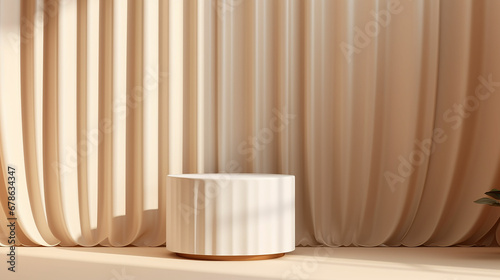 Abstract realistic Beige and Cream 3D cylinder pedestal podium with vertical curtain backdrop. Luxury brown minimal scene for cosmetic product display presentation. Made with generative ai