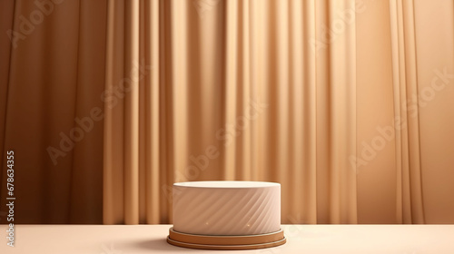 Abstract realistic Beige and Cream 3D cylinder pedestal podium with vertical curtain backdrop. Luxury brown minimal scene for cosmetic product display presentation. Made with generative ai