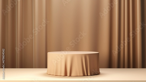 Abstract realistic Beige and Cream 3D cylinder pedestal podium with vertical curtain backdrop. Luxury brown minimal scene for cosmetic product display presentation. Made with generative ai