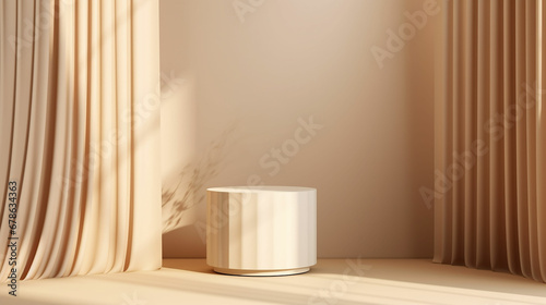 Abstract realistic Beige and Cream 3D cylinder pedestal podium with vertical curtain backdrop. Luxury brown minimal scene for cosmetic product display presentation. Made with generative ai