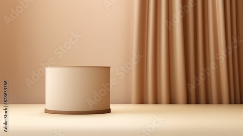 Abstract realistic Beige and Cream 3D cylinder pedestal podium with vertical curtain backdrop. Luxury brown minimal scene for cosmetic product display presentation. Made with generative ai