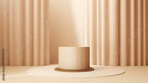 Abstract realistic Beige and Cream 3D cylinder pedestal podium with vertical curtain backdrop. Luxury brown minimal scene for cosmetic product display presentation. Made with generative ai