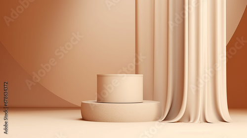 Abstract realistic Beige and Cream 3D cylinder pedestal podium with vertical curtain backdrop. Luxury brown minimal scene for cosmetic product display presentation. Made with generative ai