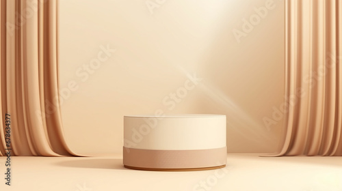 Abstract realistic Beige and Cream 3D cylinder pedestal podium with vertical curtain backdrop. Luxury brown minimal scene for cosmetic product display presentation. Made with generative ai